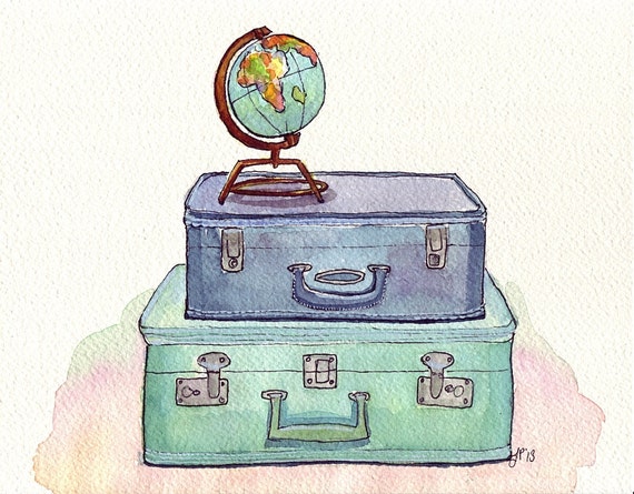 Watercolor Painting Vintage Suitcases and Globe Blue and