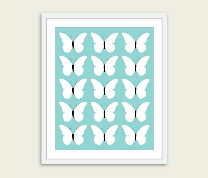 Butterflies Print Blue Black and White Butterfly Art