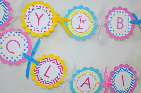 Girls Birthday Banner - 1st Birthday Banner - Chevron Birthday Decorations with Polkadots - Teal, Pink, Yellow Il_570xn