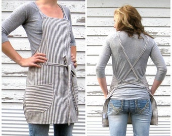 SALE Cross Back Ticking Apron made to order 7-10 Day Production Time