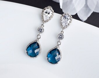 Sapphire Earrings, Blue Sapphire Bridal Earrings, Cubic Zirconia Ear Posts, Cubic Zirconia Connectors and Blue Sapphire Teardrops