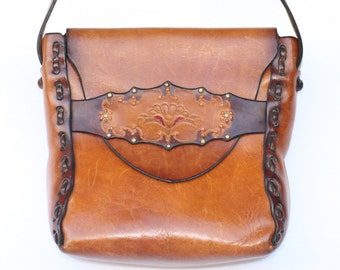 Beautiful large, vintage handmade, hand tooled/painted, studded boho leather hippie shoulder bag.