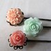 Flower bobby pins, garden, nature, rustic bride, country wedding, 3 vintage hair pins, mint, and pink