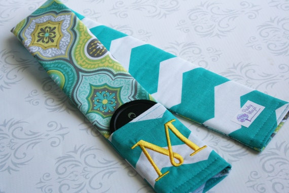 Embroidered Reversible Camera Strap Cover with Lens Cap Pocket - Teal and Gray Moroccan with Teal Chevron- MADE TO ORDER