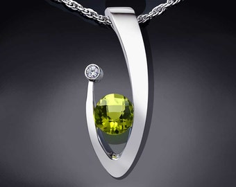 peridot pendant necklace, statement necklace, Argentium Silver, white sapphire necklace, green gemstone, artisan necklace, for her - 3418