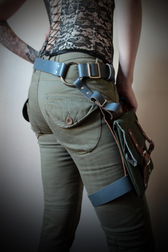 Unisex Thigh Holster Bag Grey/Blue Green Canvas steampunk