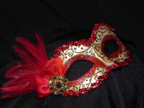 Feather Masquerade Mask in Red and Gold