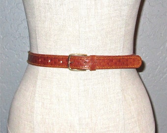 Vintage 70s belt TOOLED LEATHER skinny belt - S/M