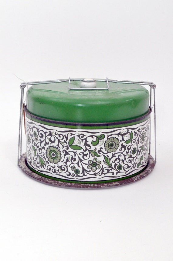 Vintage Green Floral Metal Cake Pie Carrier