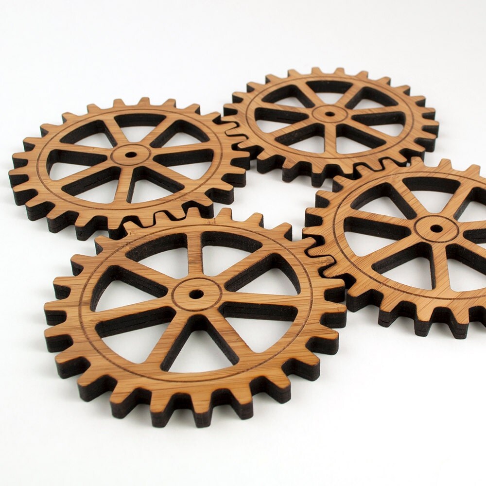 Gear Coasters Industrial Gift Set Wooden Gears Bamboo