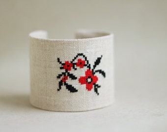 Wide cuff bracelet with red and black floral embroidery - Ukrainian Ethnic collection br007