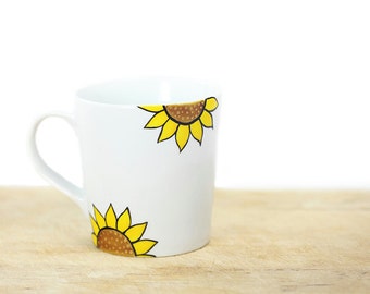 Hand Painted Ceramic Mug Tea Cup With Sunflower Summer botanical design Minimal modern white yellow brown kitchen decor Decorative Art