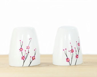Hand Painted Ceramic Salt and Pepper Shakers Blooming Cherry Tree design modern minimalist white Kitchen Decor Decorative Ceramic Art