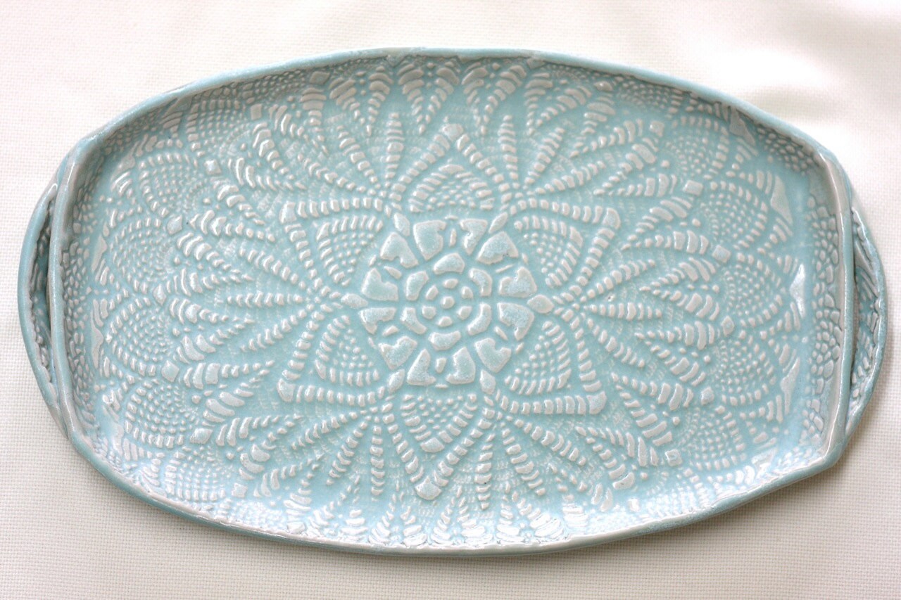 Handmade Pottery Tray Seafoam Green Lace Ceramic Appetizer