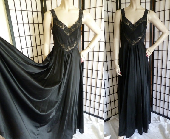 Vintage 1980s Black Nightgown Nylon Lace by HookandEyeVintage