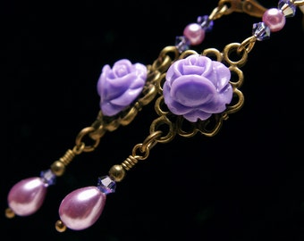 Purple Rose Victorian Earrings, Tanzanite Crystal Pearl Vintage Steampunk Bridal Style, Antiqued Brass Filigree Titanic Temptations Jewelry