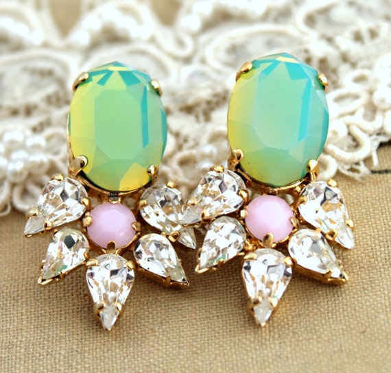 Items similar to Mint Rhinestone earrings Mint white and pink statement