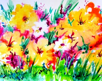 Watercolor Flowers Garden Colorful Yupo Paper by Artist Martha Kisling