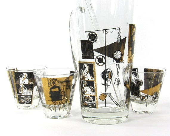 Unique Mid Century Cocktail Set Barware Movie and Steel Worker Design Hollywood Film Theme