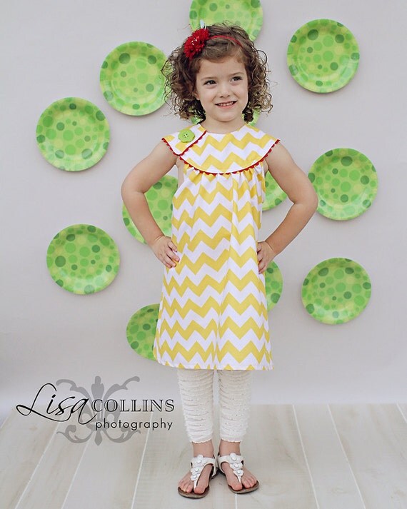 Yellow Chevron Child Sundress with Rounded Yoke and Button Closure