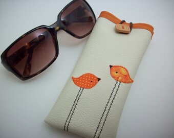 Eyeglass or Sunglass case in cream with orange birds
