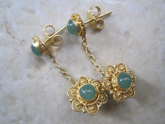 Vintage Chinese Earrings Gilt Silver and Jade Post Earrings