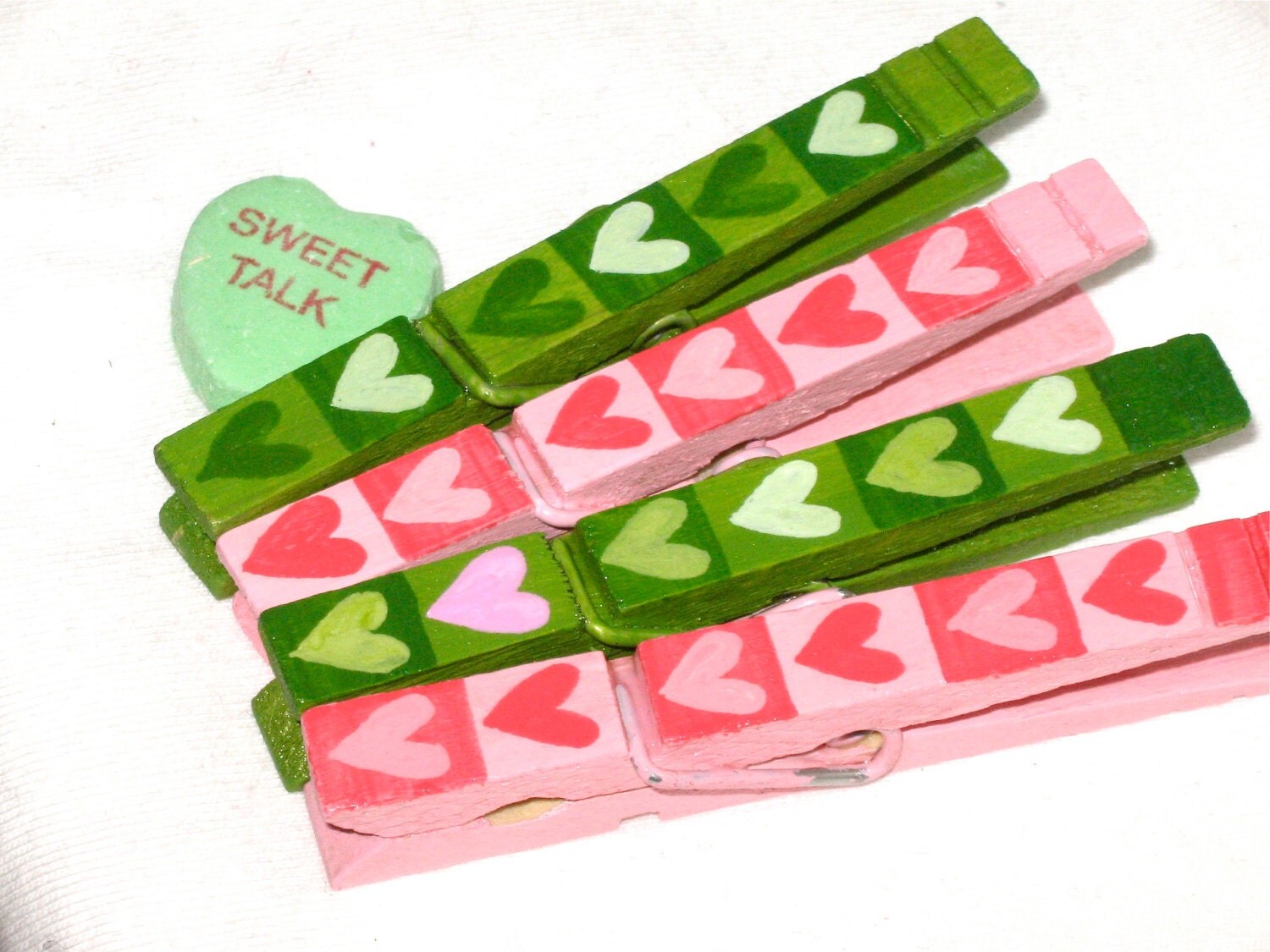 PINK and GREEN HEARTS hand painted clothespin