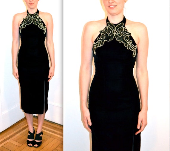 90s Prom  Dress  in Black  Velvet  Dress  X Small Vintage Evening 