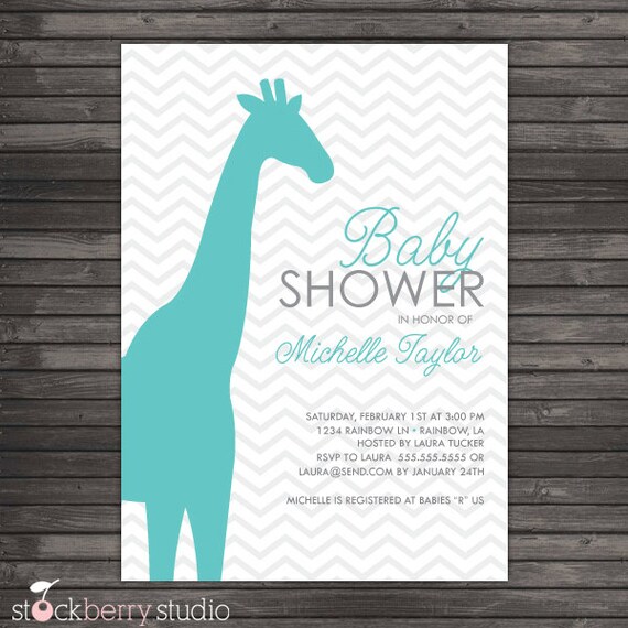 Chevron Blue Giraffe Baby Shower Printable Invitation Il_570xn