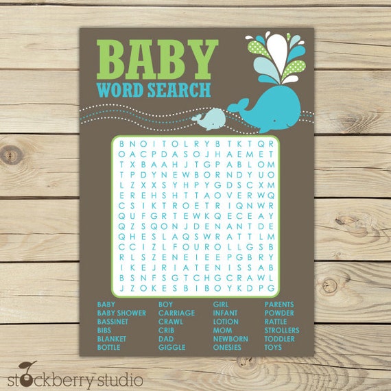 Whale Baby Shower Word Search Game - Boy Baby Shower Games - Aqua Blue Baby Shower Game Printable Instant Download - Baby Shower Activities Il_570xn