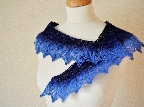 Knit Lace Shawlette Crescent Blue Ombre