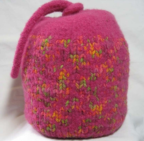 Felted Hand Knit project bag  purse in pink with multi color ribbon ...