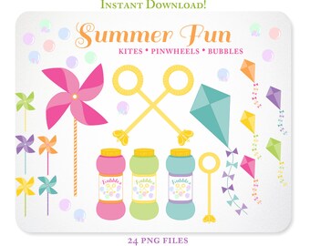 Summer Fun Pinwheel Kite & Bubbles Clipart - Design Elements, Blog Graphics- Instant Download