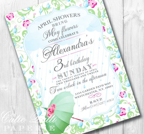 April Showers Party Invitations, Printable Custom Invitations by Cutie Putti Paperie Il_570xn