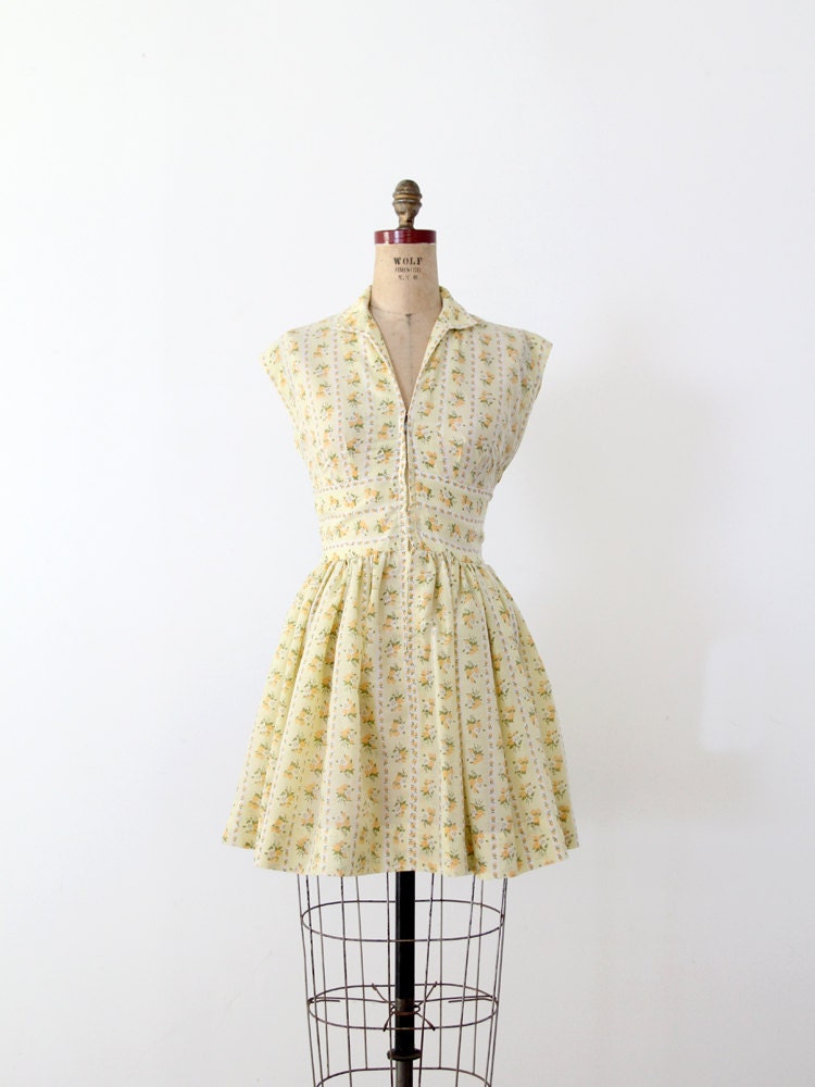 vintage 70s floral dress / yellow mini dress