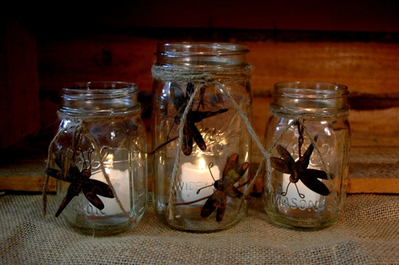 Dragonfly Mason jar decor Rustic set of 3 by PineknobsAndCrickets