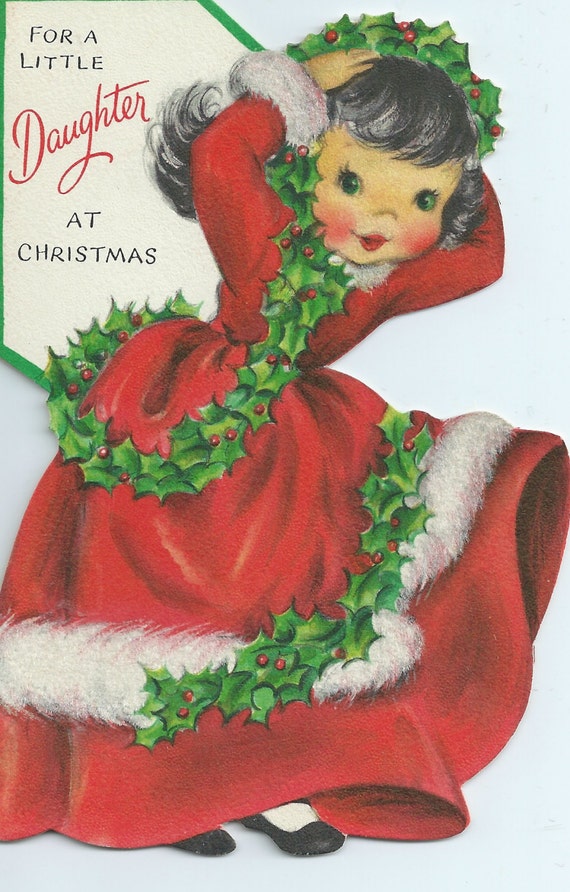 Vintage Greeting Card Christmas Flocked Little Girl Long