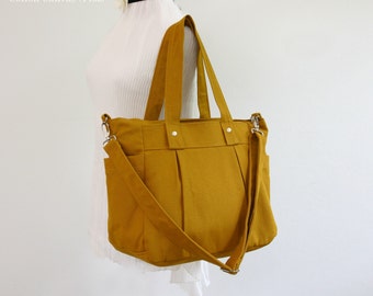 Stock clearance SALE - Mustard canvas bag, 3 compartments, Diaper bag, Messenger Tote Bag, Travel, Shoulder bag, Zipper closure - Nuch