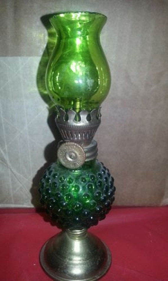 Depression Green Hobnail Glass Miniature Oil Lamp by KaRenVintage