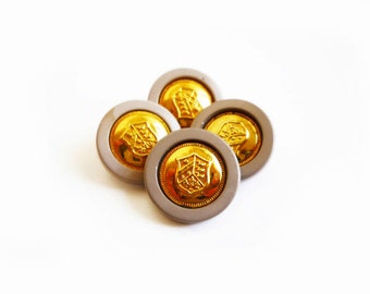 4 Vintage Buttons, Grey & Gold French Coat of Arms Buttons
