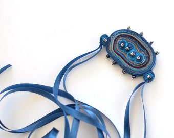 Textile necklace blue, fiber pendant blue, statement necklace - Textile jewelry OOAK ready to ship