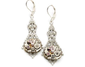 Steampunk Wedding Earrings Steampunk Jewelry Vintage Watch Earrings Silver Dangle Earrings Steam Punk Steampunk Jewelry VictorianCuriosities