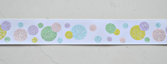 Pastel sparkly dots on white 7/8" grosgrain ribbon- Easter Il_570xn