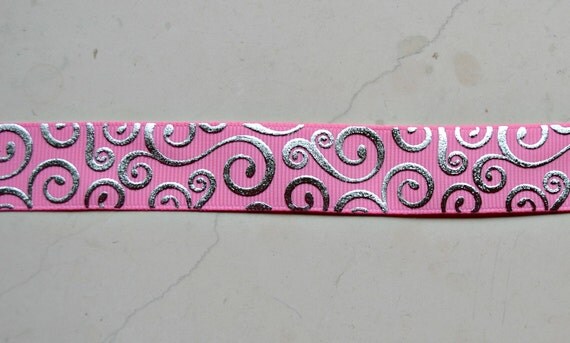 Elegant silver foil swirls on pink 7/8" grosgrain ribbon Il_570xn