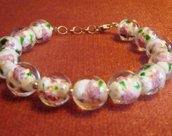 White Lampwork Beaded Bracelet in 925 Sterling Silver White Jewelry Bracelet Glass Beads Floral Bracelet Vintage White and Silver Bracelet