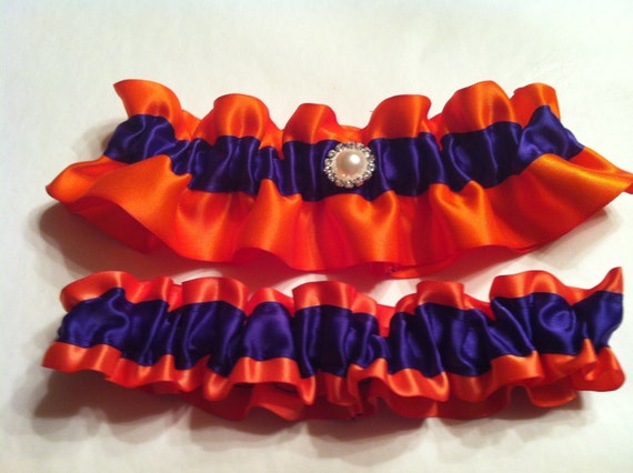 All Satin Orange & Purple Garter Set with Pearl Rhinestone Accent - Halloween Garter Set