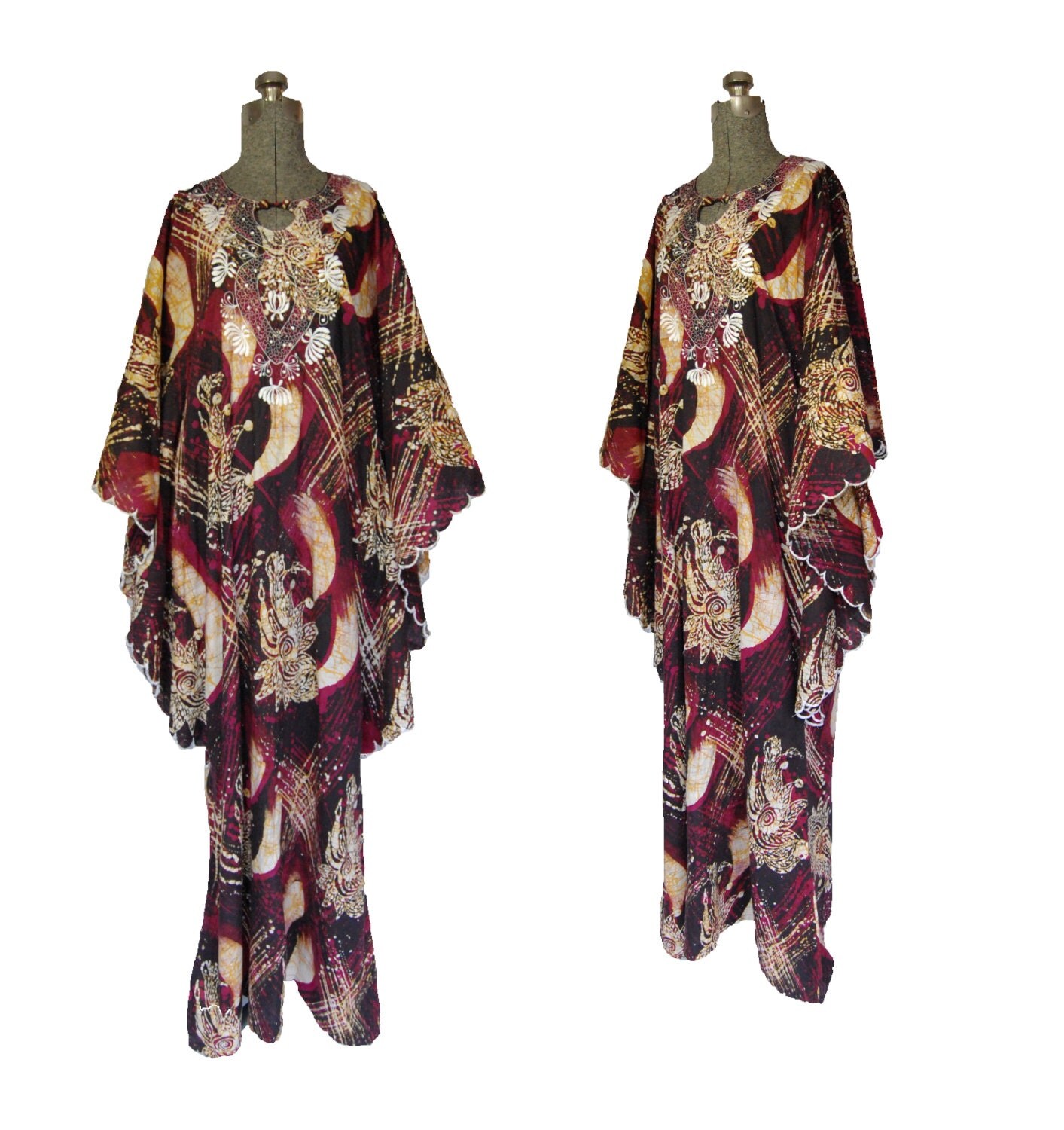 Vintage 1960s Caftan Dress Abstract Cotton Print Embroidered