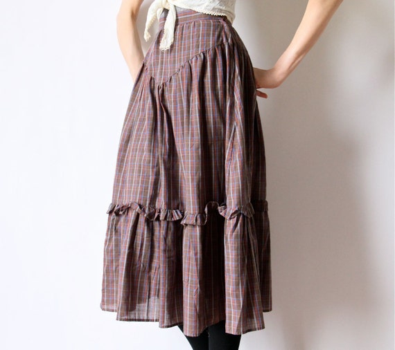 Items similar to 70s Boho Peasant Skirt, Plaid Western Hippie Tiered ...
