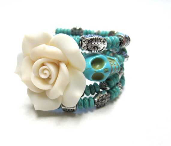 Sugar Skull Bracelet Turquoise Blue Beaded Cuff White Rose