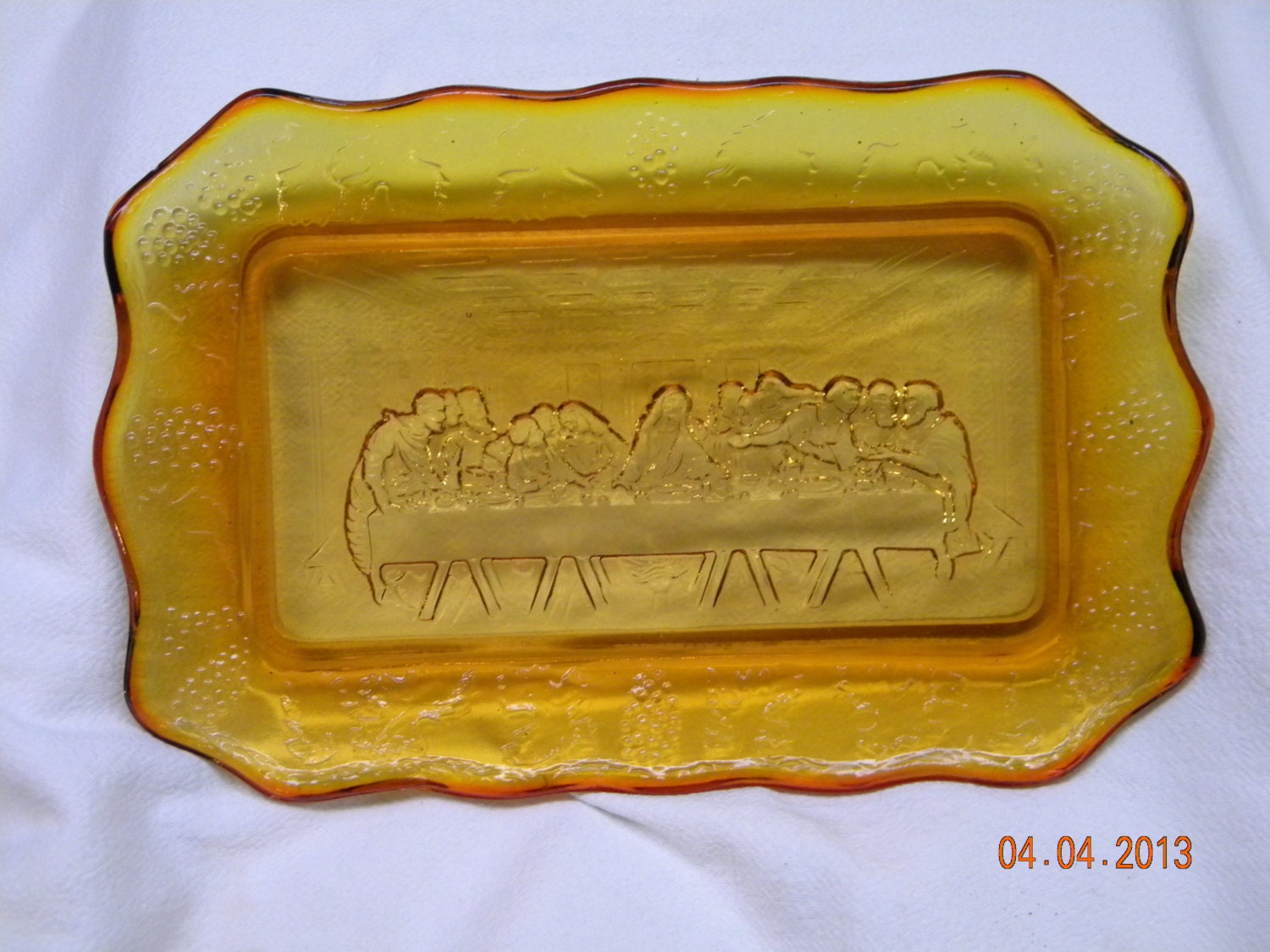 Vintage Last Supper Serving Plate Amber Glass